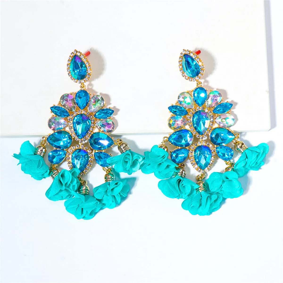 Light Blue Crystal & Cubic Zirconia Floral Tassel Drop Earrings