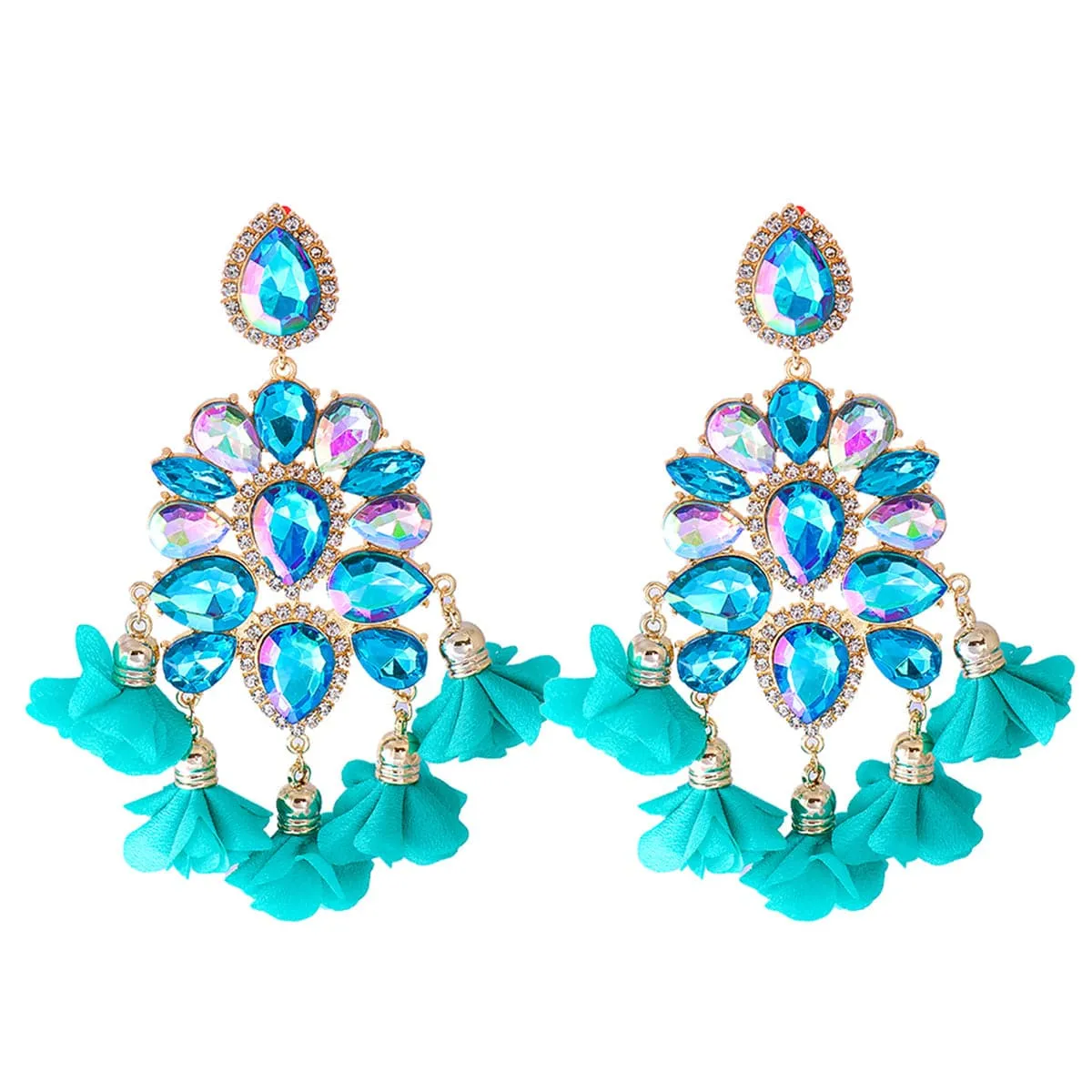 Light Blue Crystal & Cubic Zirconia Floral Tassel Drop Earrings