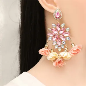 Light Pink Crystal & Cubic Zirconia Flower Tassel Drop Earrings