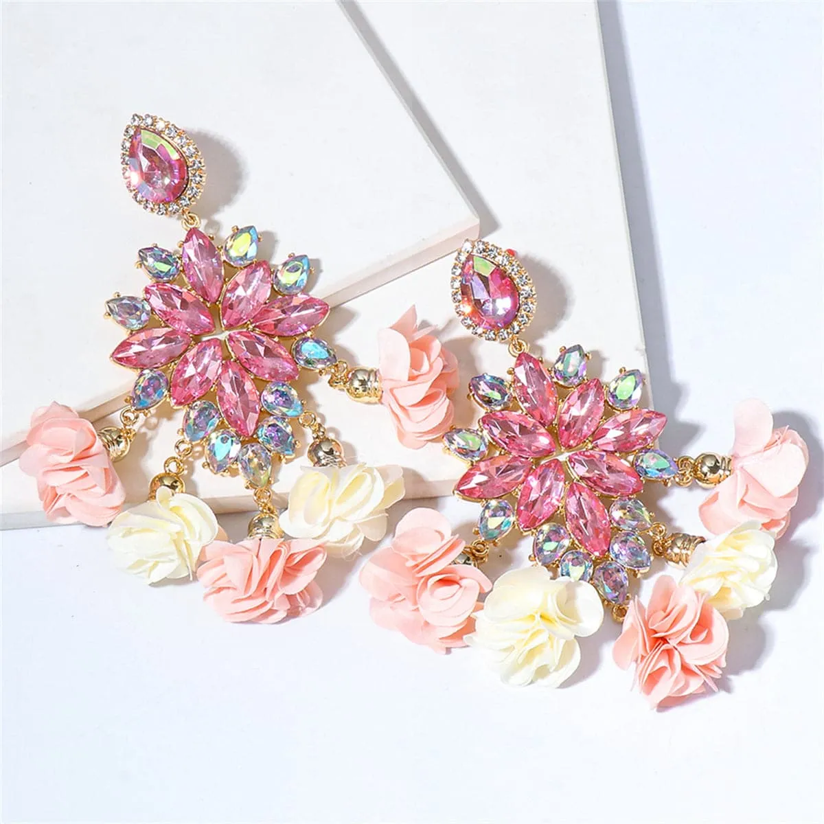 Light Pink Crystal & Cubic Zirconia Flower Tassel Drop Earrings