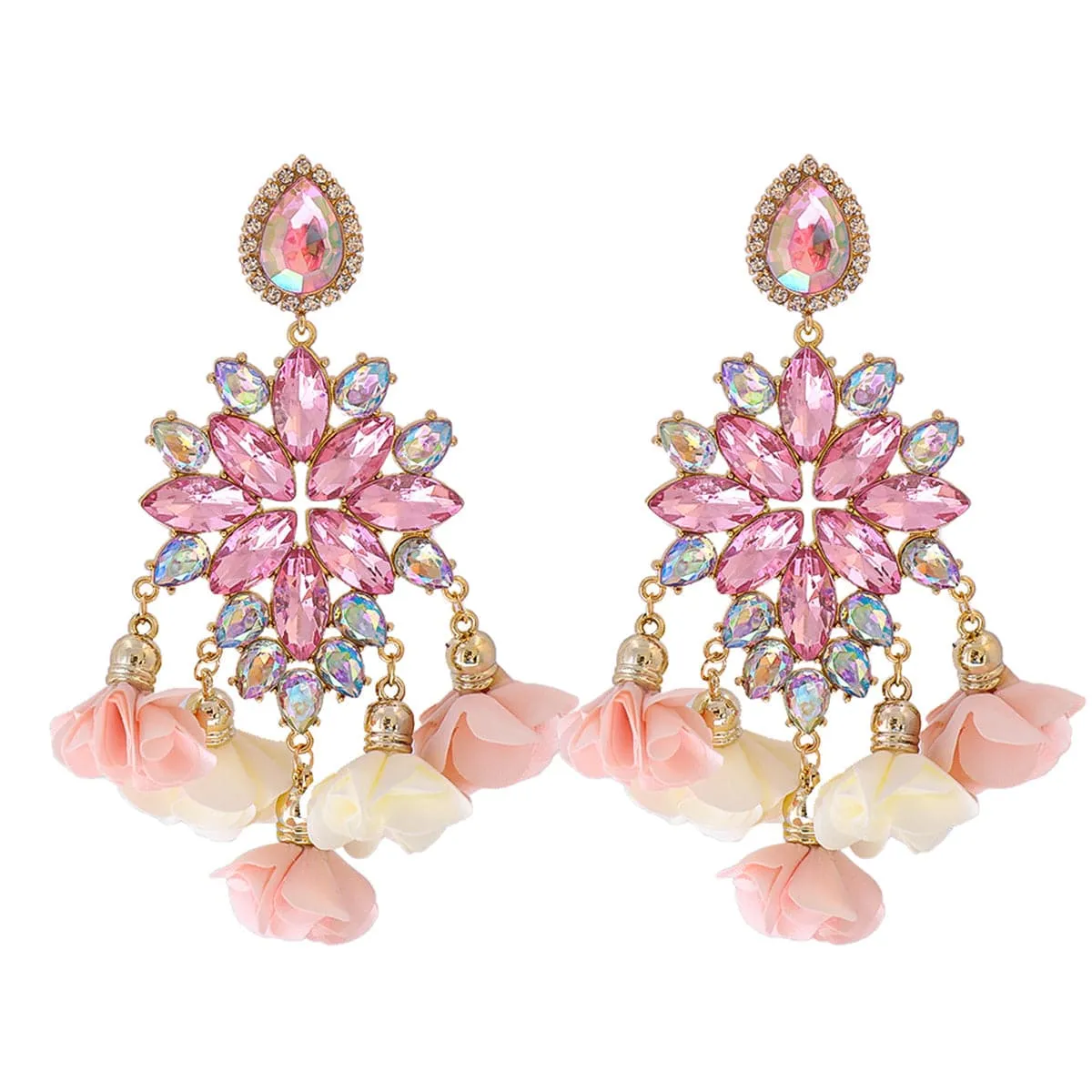 Light Pink Crystal & Cubic Zirconia Flower Tassel Drop Earrings