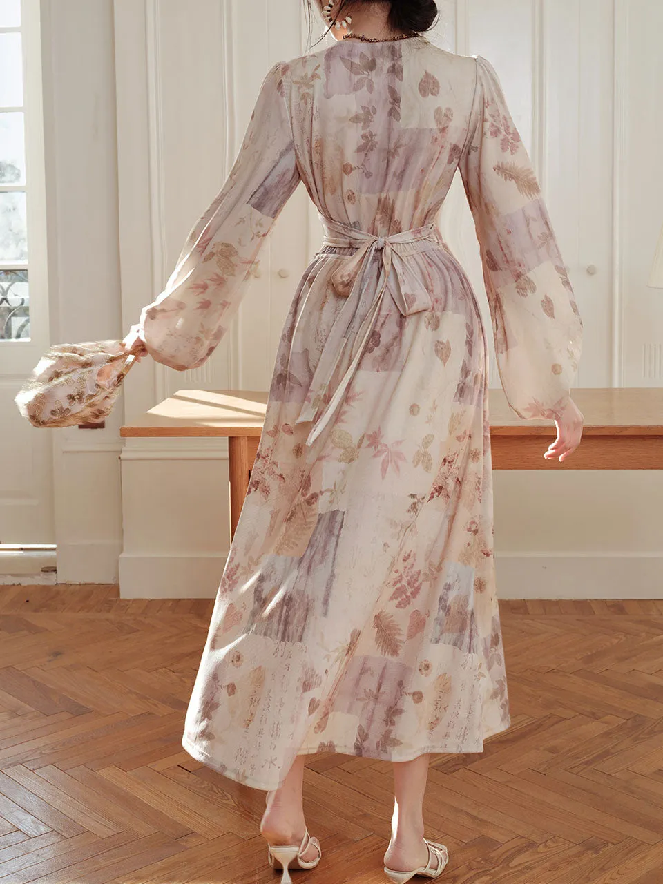 Light Purple Floral Print V Neck Wrap Vintage Dress