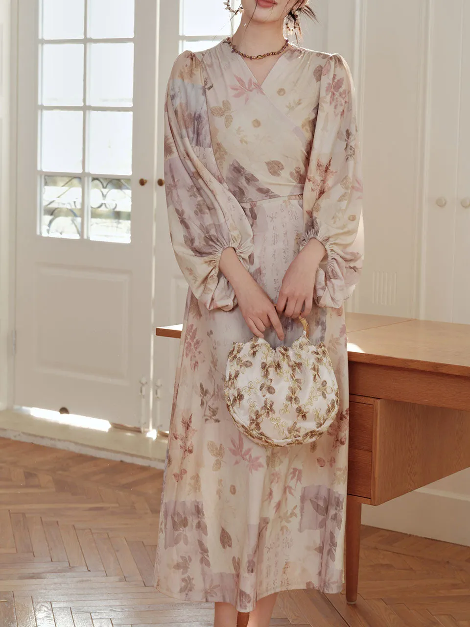 Light Purple Floral Print V Neck Wrap Vintage Dress