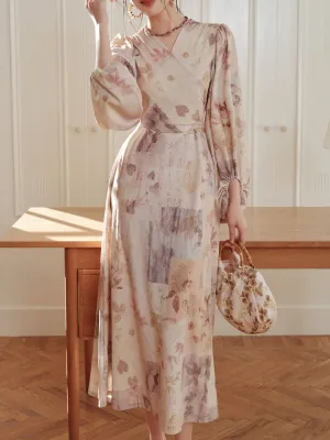 Light Purple Floral Print V Neck Wrap Vintage Dress