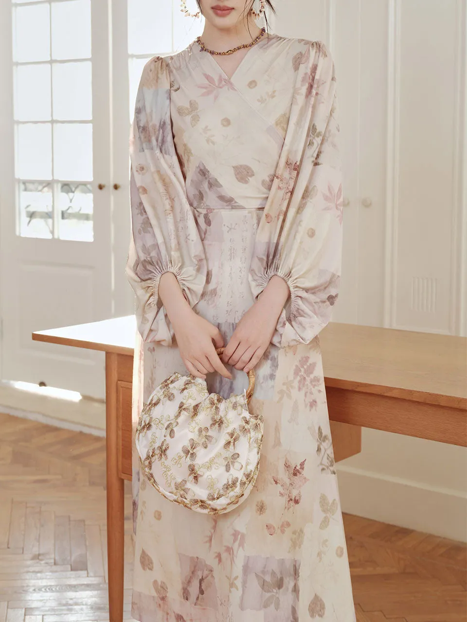 Light Purple Floral Print V Neck Wrap Vintage Dress