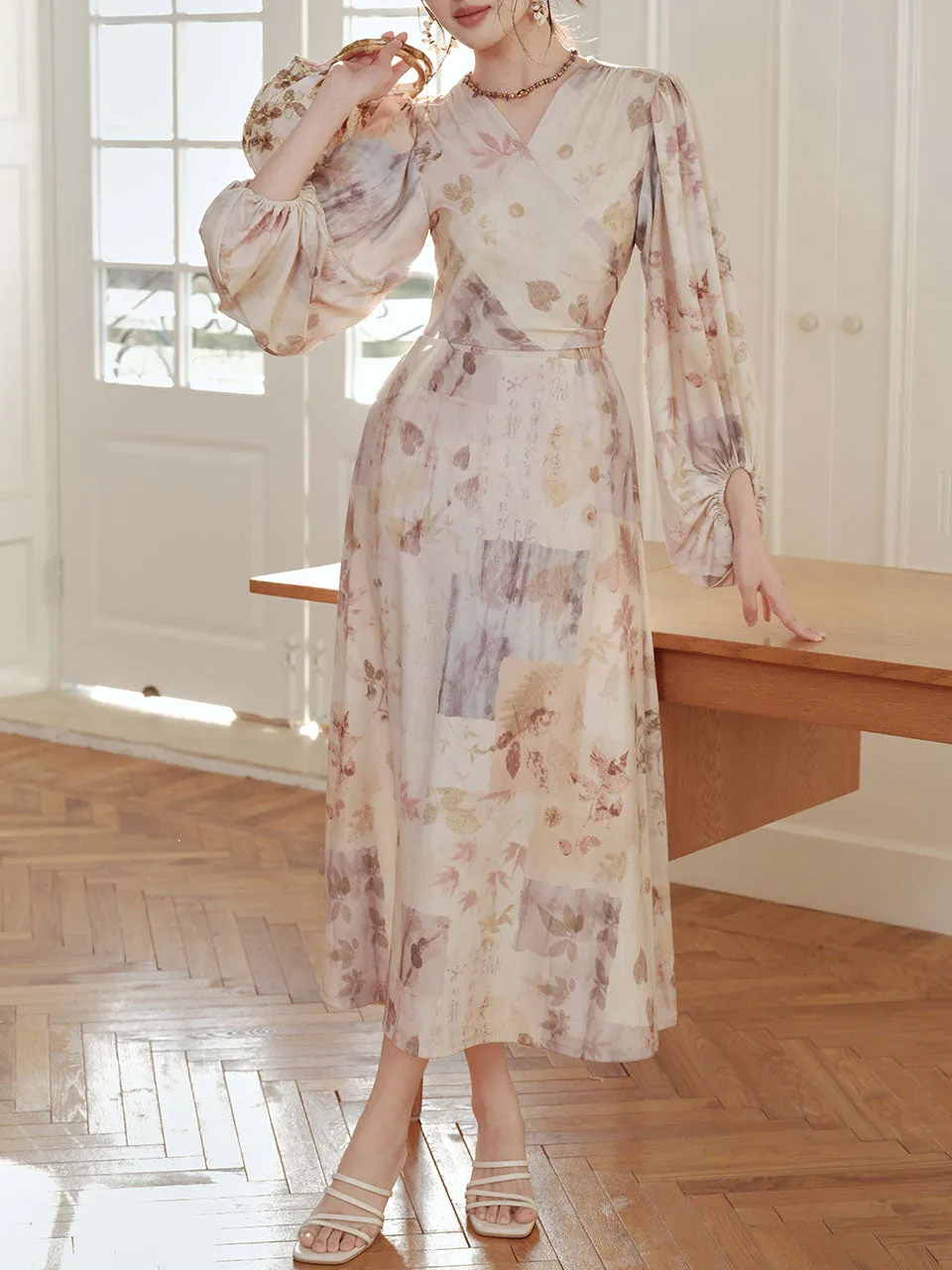 Light Purple Floral Print V Neck Wrap Vintage Dress