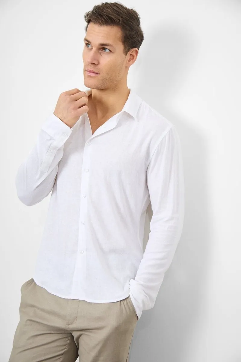 Linen Blend Button Through Shirt in White