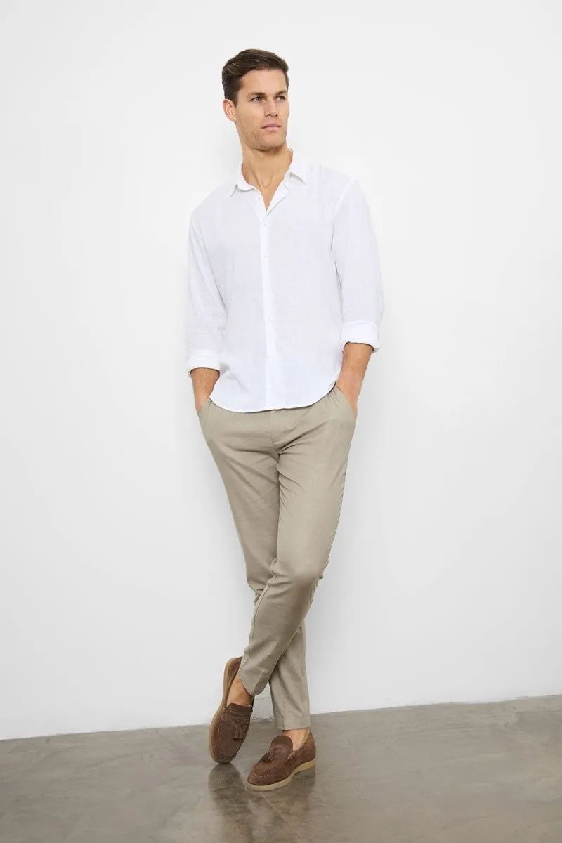 Linen Blend Button Through Shirt in White