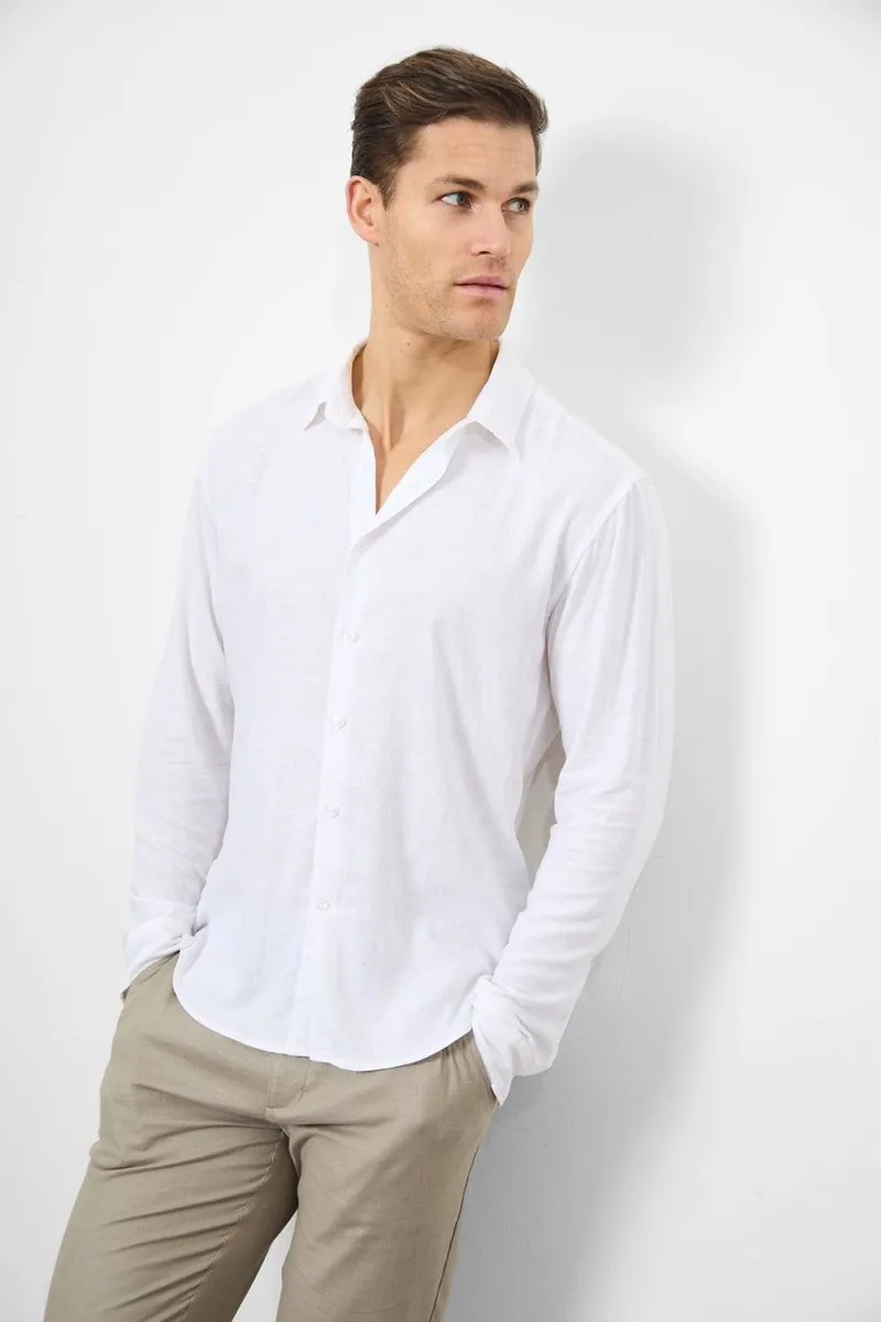 Linen Blend Button Through Shirt in White