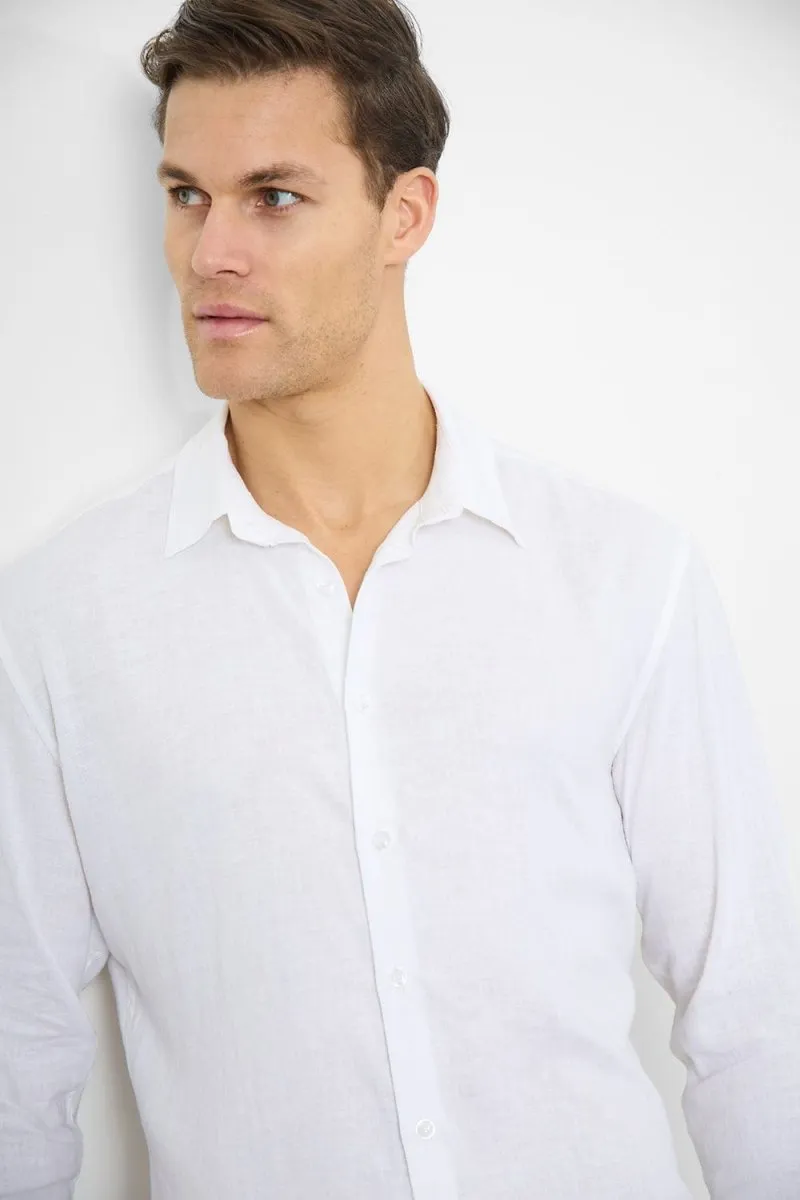 Linen Blend Button Through Shirt in White