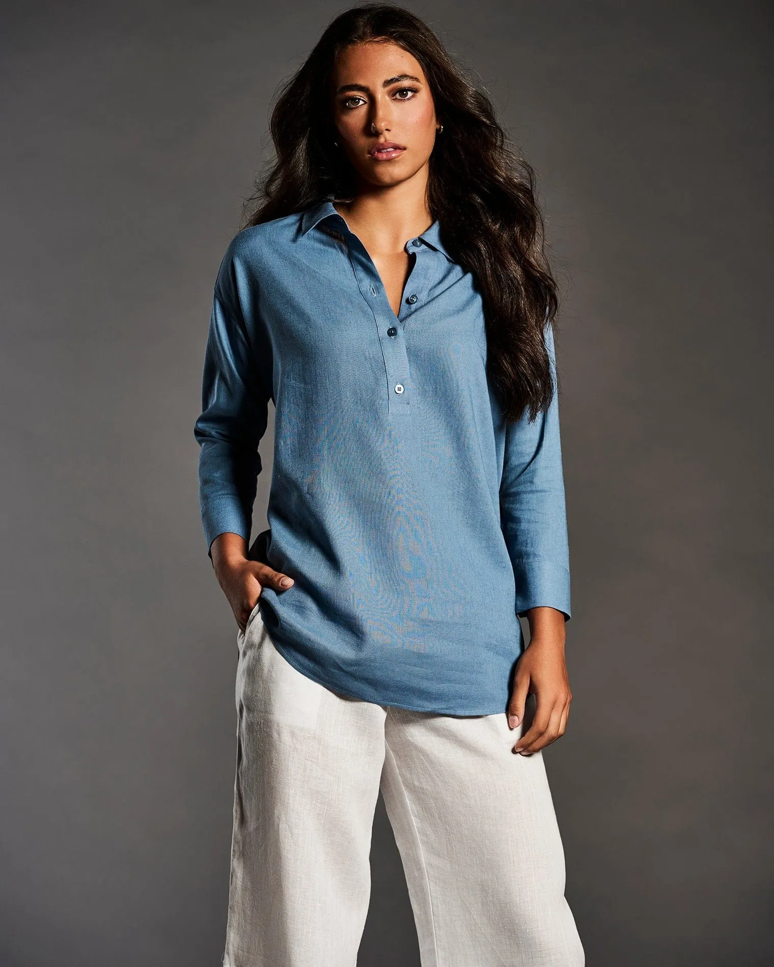 Linen Blend Solid Popover Shirt