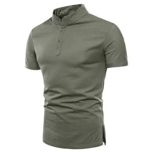 Linen Stand Collar Solid Color Casual T Shirts