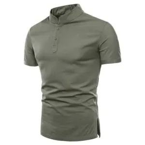 Linen Stand Collar Solid Color Casual T Shirts