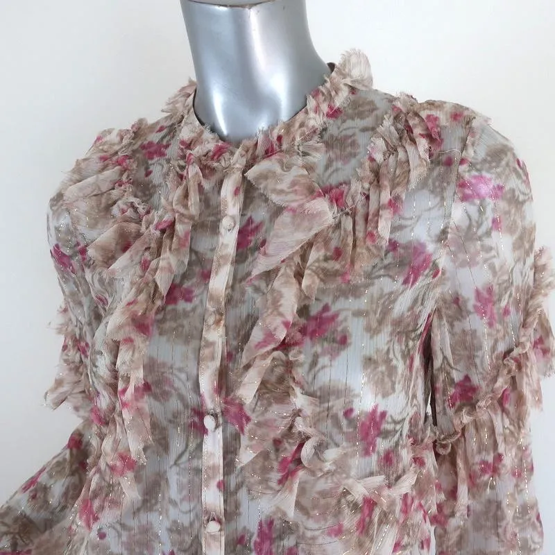 LoveShackFancy Blouse Clara Ruffled Lurex-Striped Floral Print Top Size Small