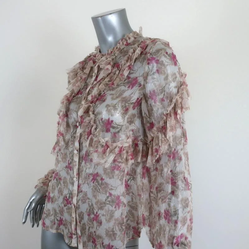LoveShackFancy Blouse Clara Ruffled Lurex-Striped Floral Print Top Size Small