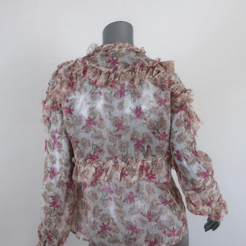 LoveShackFancy Blouse Clara Ruffled Lurex-Striped Floral Print Top Size Small