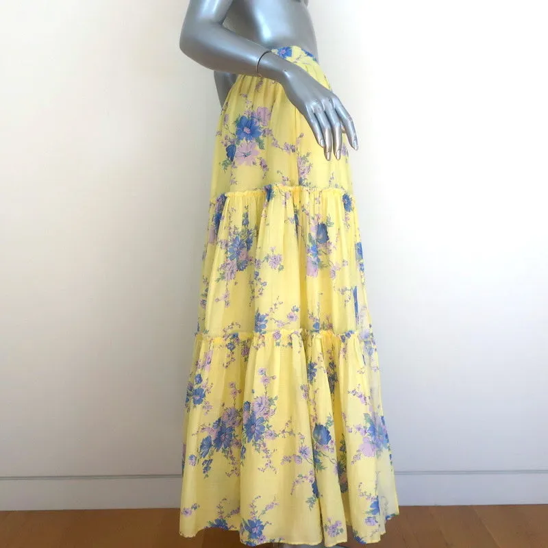 LoveShackFancy Tiered Maxi Skirt Haru Yellow Floral Print Cotton-Silk Size 6