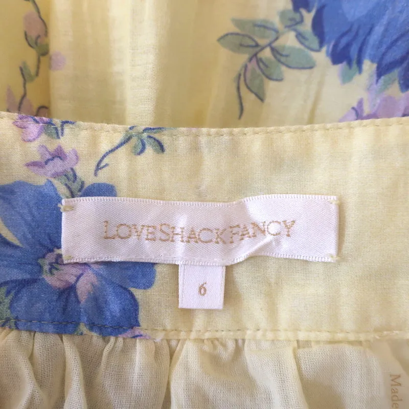 LoveShackFancy Tiered Maxi Skirt Haru Yellow Floral Print Cotton-Silk Size 6