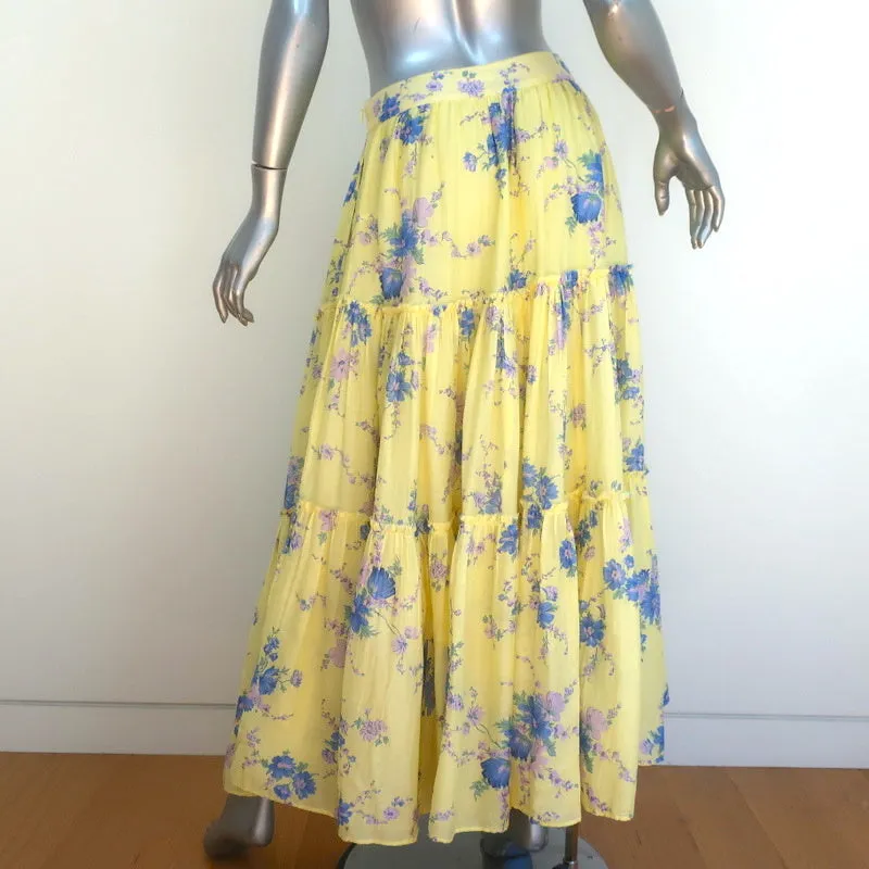 LoveShackFancy Tiered Maxi Skirt Haru Yellow Floral Print Cotton-Silk Size 6
