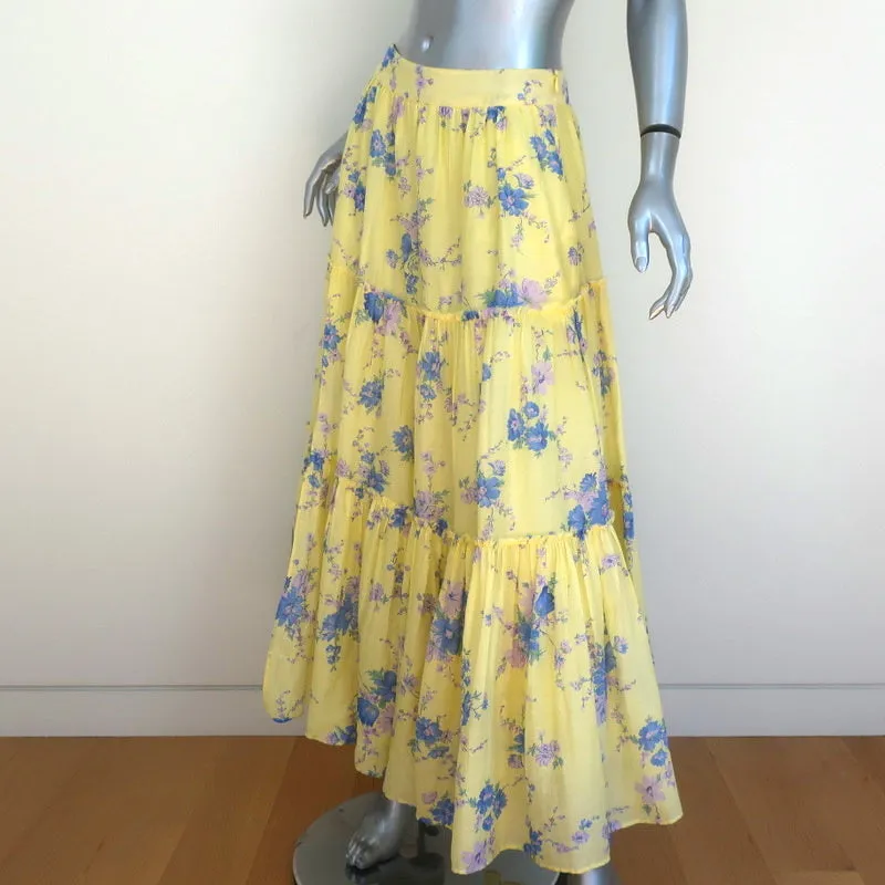 LoveShackFancy Tiered Maxi Skirt Haru Yellow Floral Print Cotton-Silk Size 6