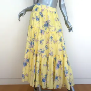 LoveShackFancy Tiered Maxi Skirt Haru Yellow Floral Print Cotton-Silk Size 6