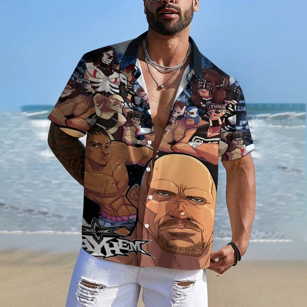 Men's Cartoon Wrestler Print Casual Short Sleeve Shirt 2409004553