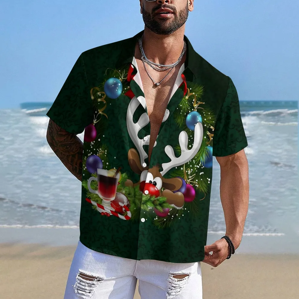 Men's Christmas Decoration Elk Print Short Sleeve Shirt 2409011409