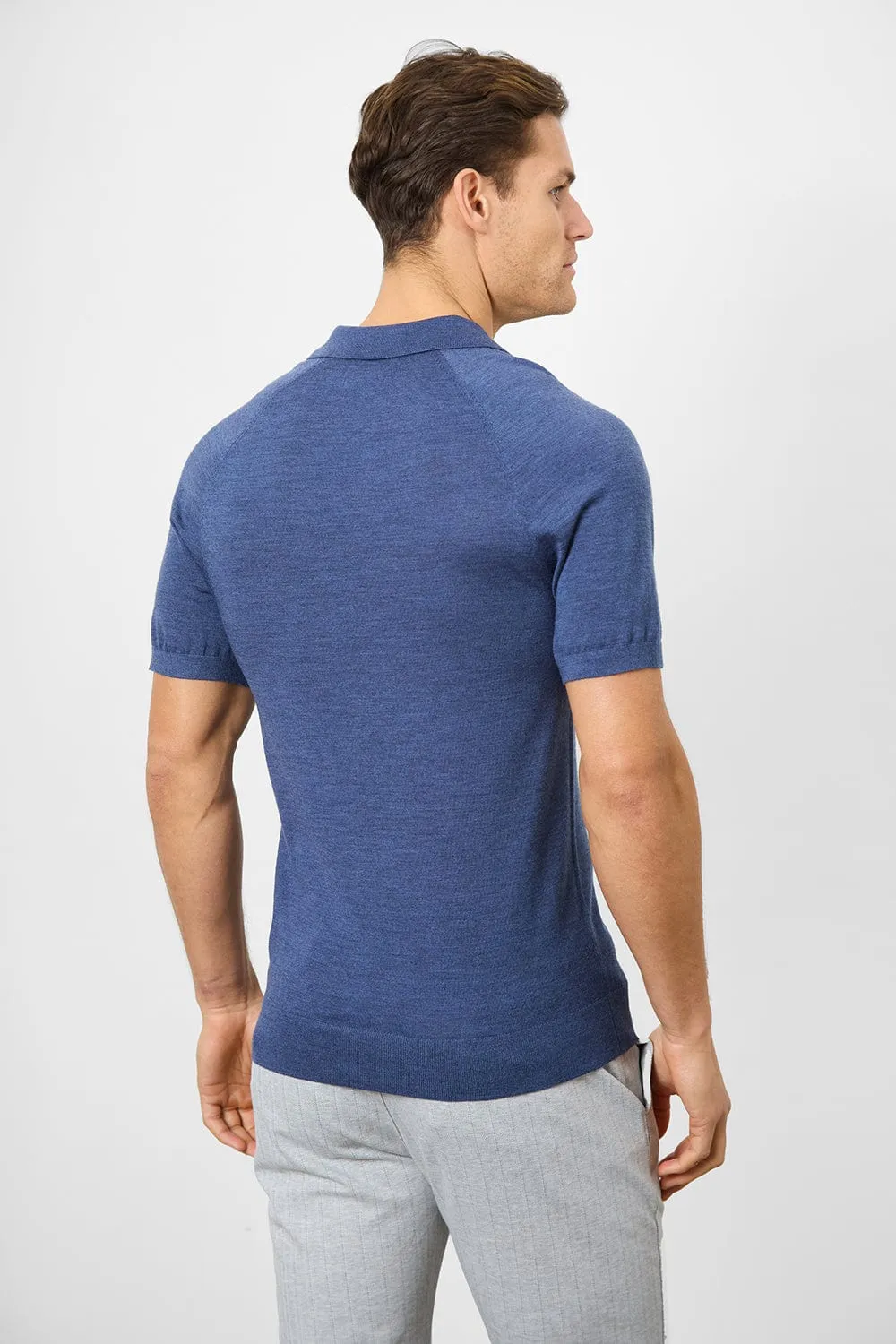 Merino Open Collar Polo Shirt in Airforce Marl