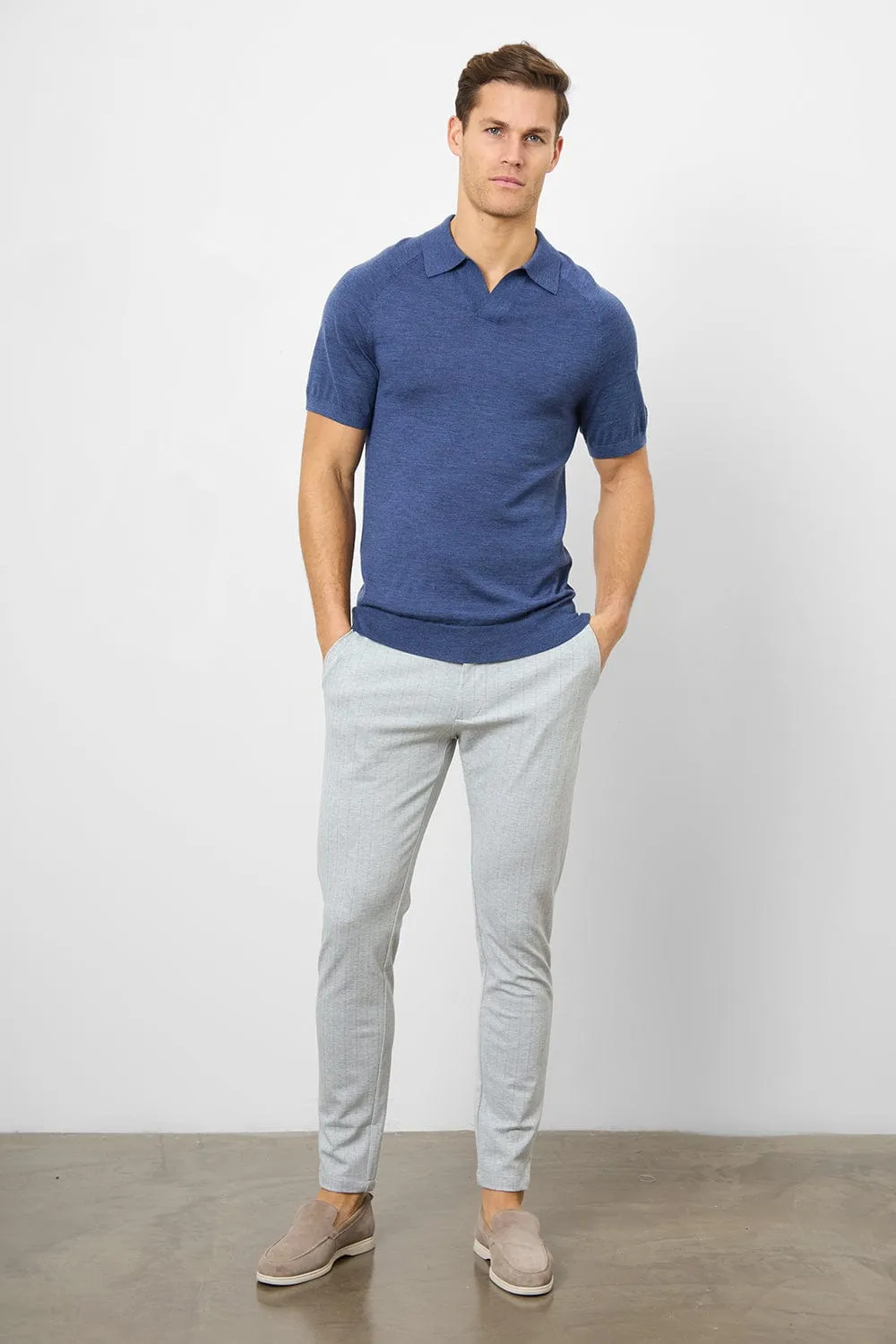 Merino Open Collar Polo Shirt in Airforce Marl