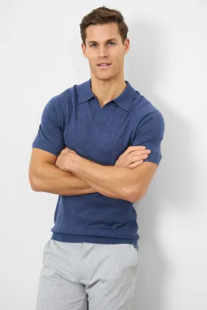 Merino Open Collar Polo Shirt in Airforce Marl