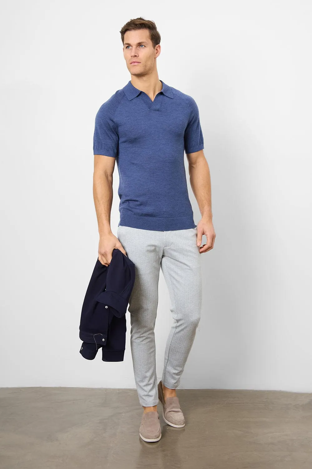 Merino Open Collar Polo Shirt in Airforce Marl