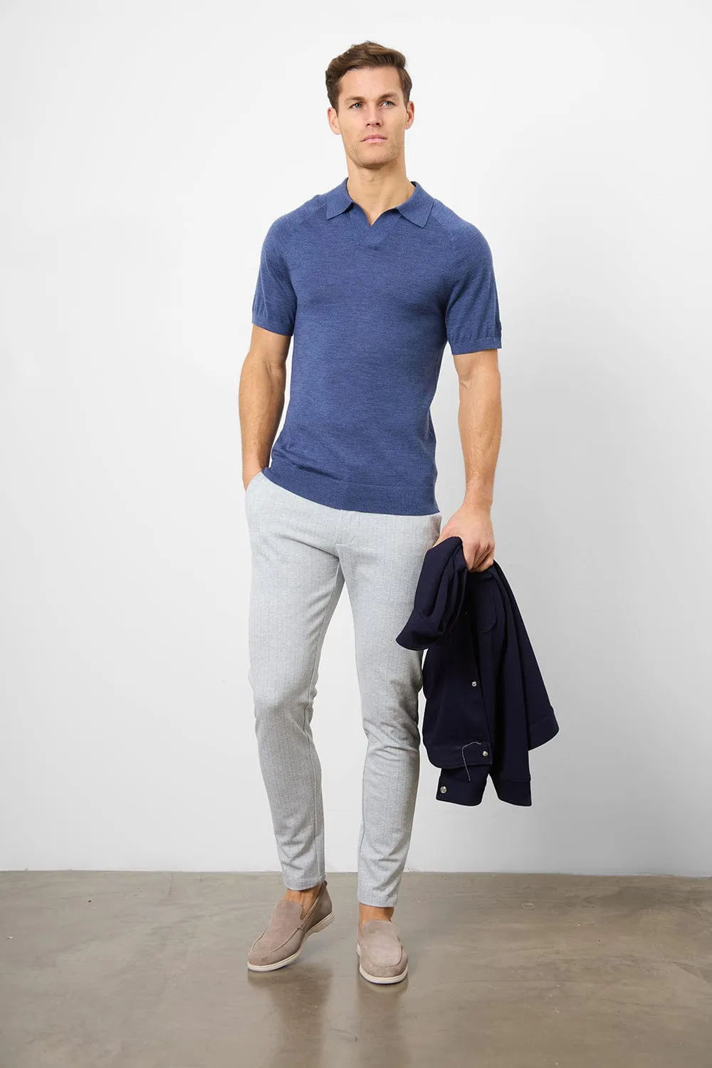 Merino Open Collar Polo Shirt in Airforce Marl