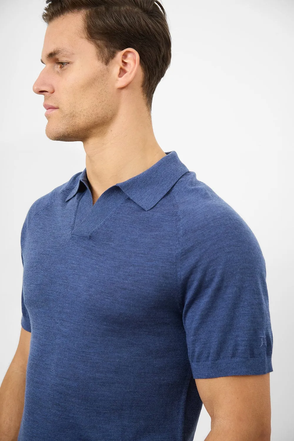 Merino Open Collar Polo Shirt in Airforce Marl