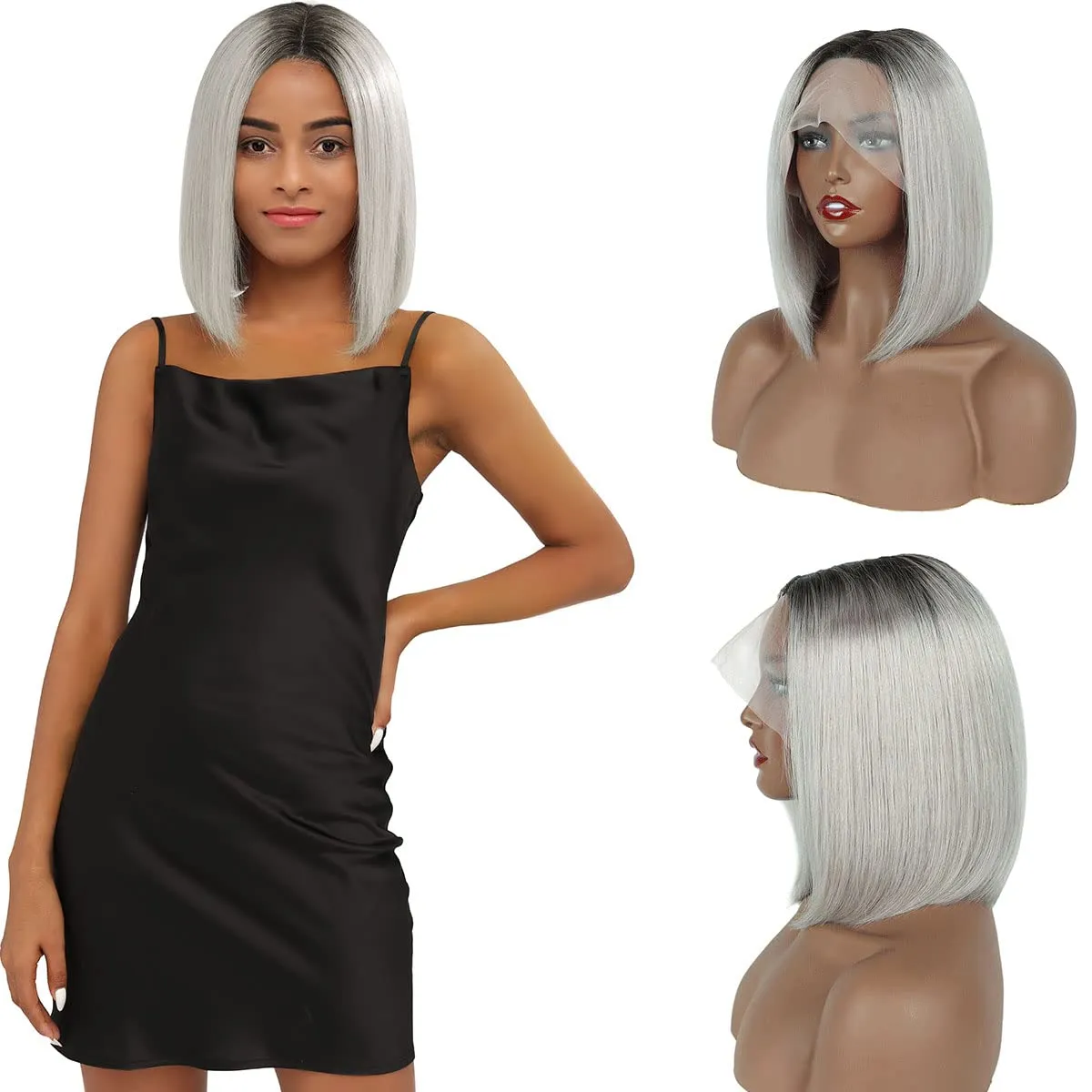 MIFIL Bob Wigs Human Hair Short Straight Grey Bob Wig 13x4x1 T Part Lace Front Wigs Glueless Ombre Bob Wigs 14 Inch Brazilian Virgin Human Hair for Women T1B/Grey Colored 150% Density