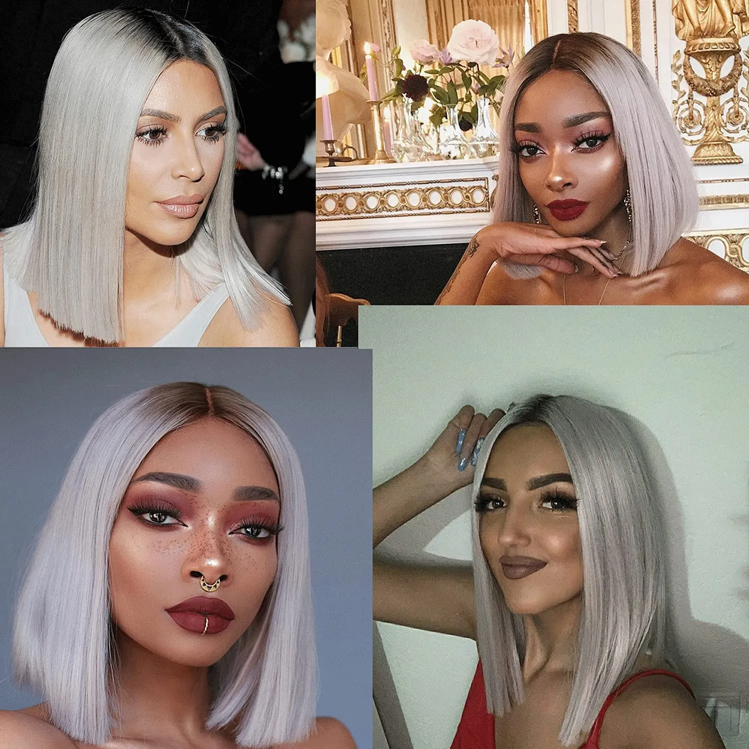 MIFIL Bob Wigs Human Hair Short Straight Grey Bob Wig 13x4x1 T Part Lace Front Wigs Glueless Ombre Bob Wigs 14 Inch Brazilian Virgin Human Hair for Women T1B/Grey Colored 150% Density
