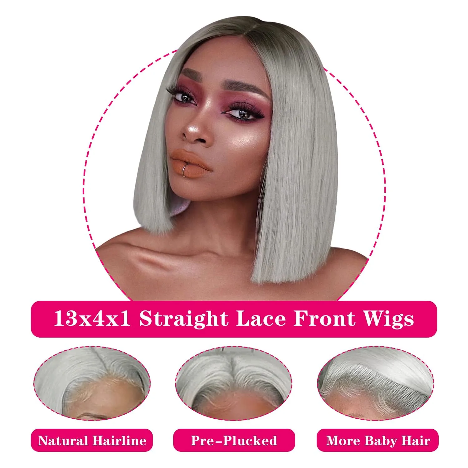MIFIL Bob Wigs Human Hair Short Straight Grey Bob Wig 13x4x1 T Part Lace Front Wigs Glueless Ombre Bob Wigs 14 Inch Brazilian Virgin Human Hair for Women T1B/Grey Colored 150% Density