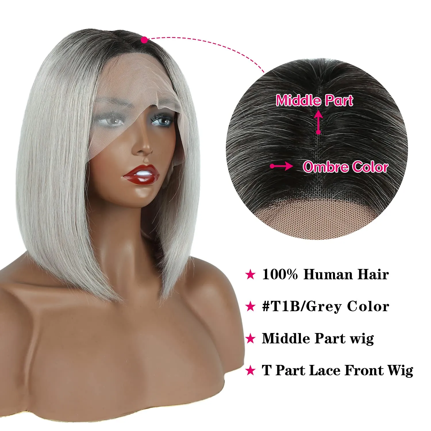 MIFIL Bob Wigs Human Hair Short Straight Grey Bob Wig 13x4x1 T Part Lace Front Wigs Glueless Ombre Bob Wigs 14 Inch Brazilian Virgin Human Hair for Women T1B/Grey Colored 150% Density