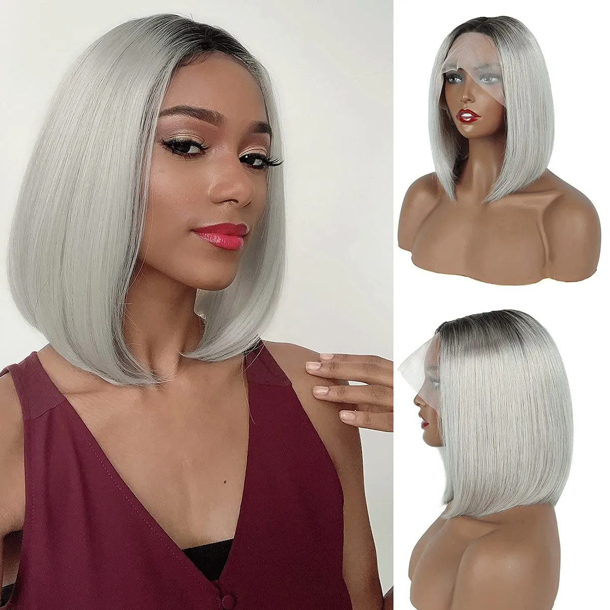 MIFIL Bob Wigs Human Hair Short Straight Grey Bob Wig 13x4x1 T Part Lace Front Wigs Glueless Ombre Bob Wigs 14 Inch Brazilian Virgin Human Hair for Women T1B/Grey Colored 150% Density
