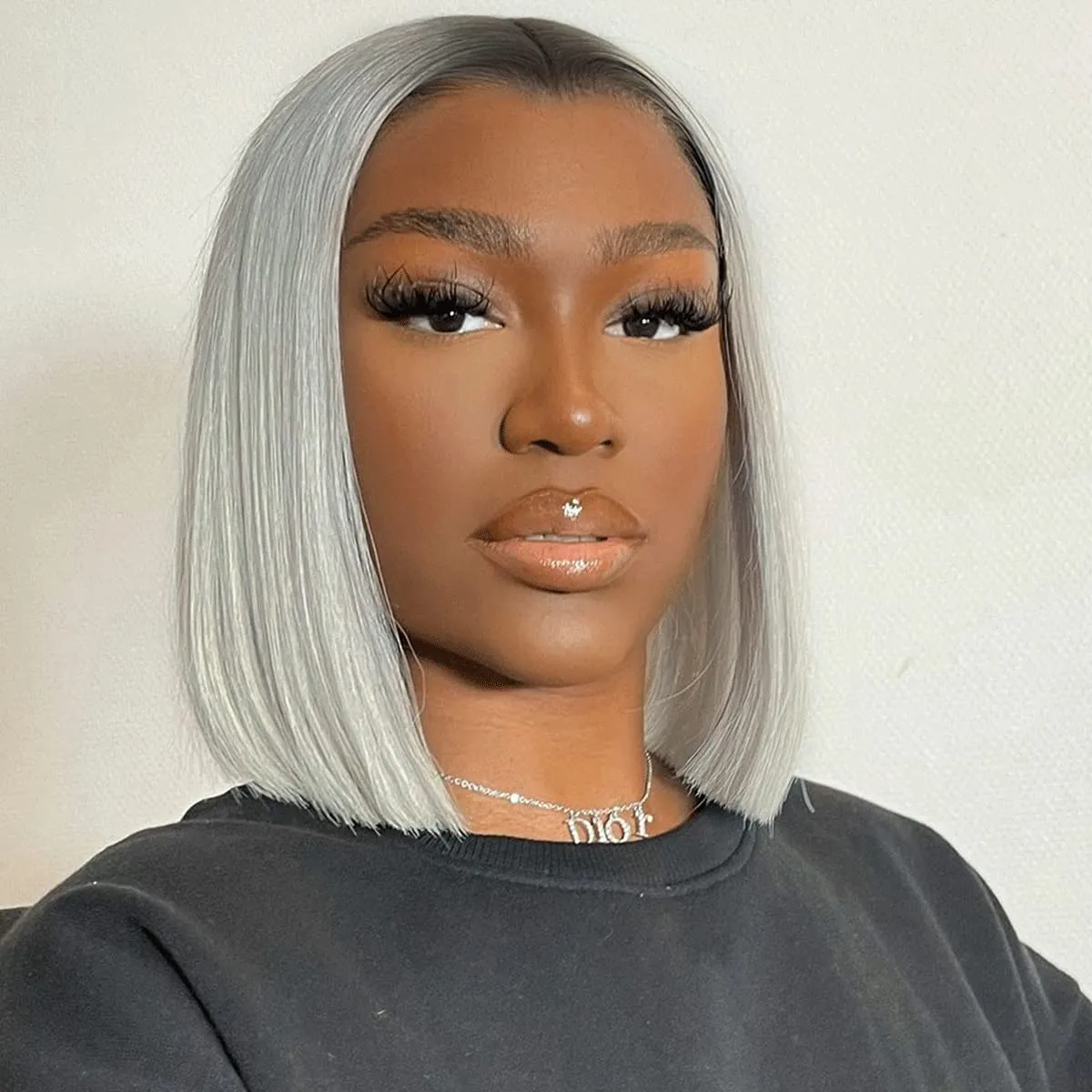 MIFIL Bob Wigs Human Hair Short Straight Grey Bob Wig 13x4x1 T Part Lace Front Wigs Glueless Ombre Bob Wigs 14 Inch Brazilian Virgin Human Hair for Women T1B/Grey Colored 150% Density