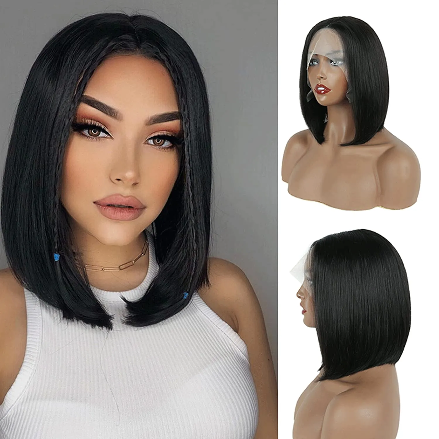 MIFIL Bob Wigs Human Hair Short Straight Grey Bob Wig 13x4x1 T Part Lace Front Wigs Glueless Ombre Bob Wigs 14 Inch Brazilian Virgin Human Hair for Women T1B/Grey Colored 150% Density
