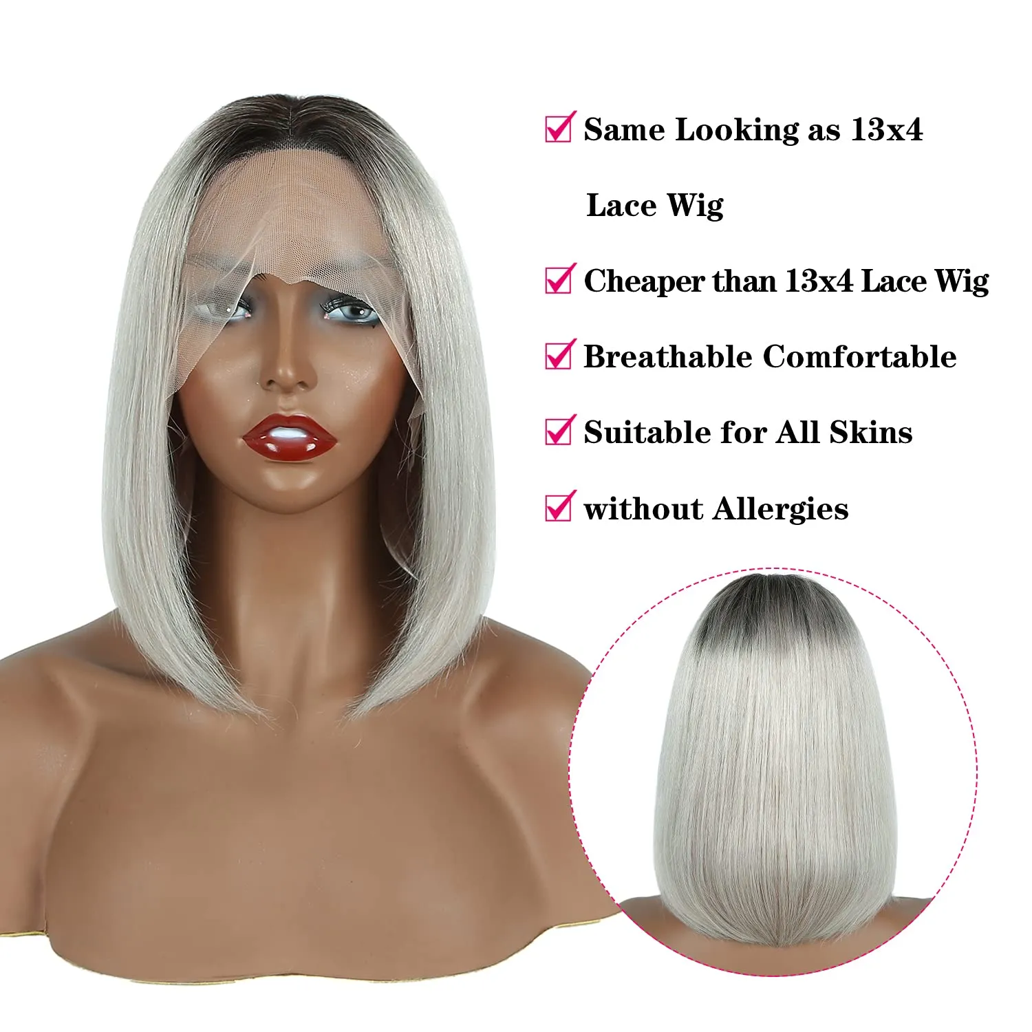 MIFIL Bob Wigs Human Hair Short Straight Grey Bob Wig 13x4x1 T Part Lace Front Wigs Glueless Ombre Bob Wigs 14 Inch Brazilian Virgin Human Hair for Women T1B/Grey Colored 150% Density