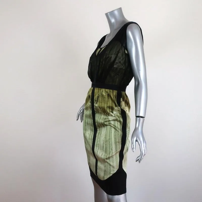 Narciso Rodriguez Dress Black/Green Mesh-Overlay Feather Print Satin Size 40