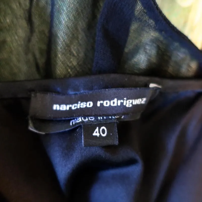 Narciso Rodriguez Dress Black/Green Mesh-Overlay Feather Print Satin Size 40
