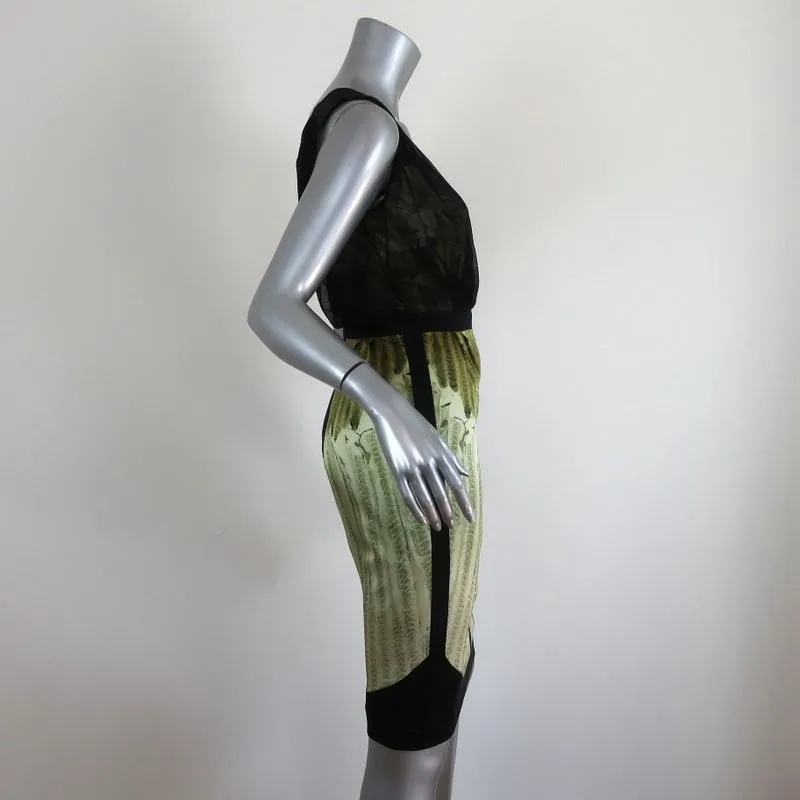 Narciso Rodriguez Dress Black/Green Mesh-Overlay Feather Print Satin Size 40