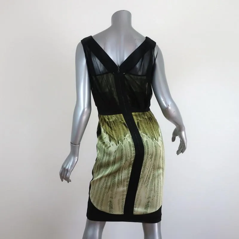 Narciso Rodriguez Dress Black/Green Mesh-Overlay Feather Print Satin Size 40