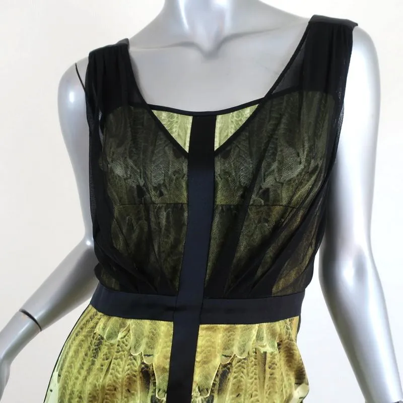 Narciso Rodriguez Dress Black/Green Mesh-Overlay Feather Print Satin Size 40