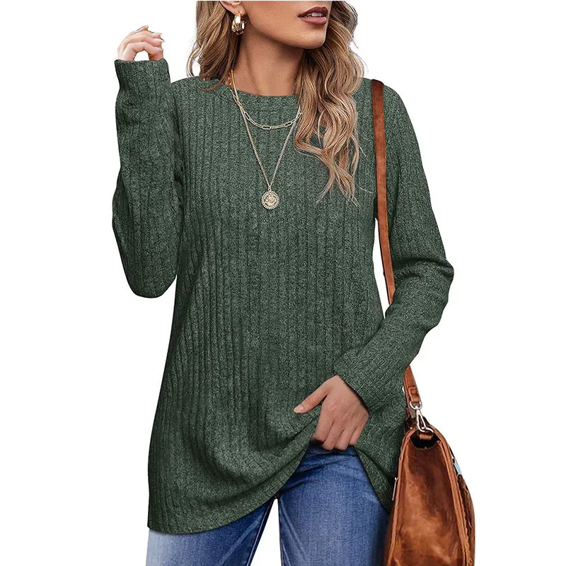 New Autumn And Winter Round Neck Brushed Sunken Stripe Solid Color Top Long Sleeve Women's T-shirt
