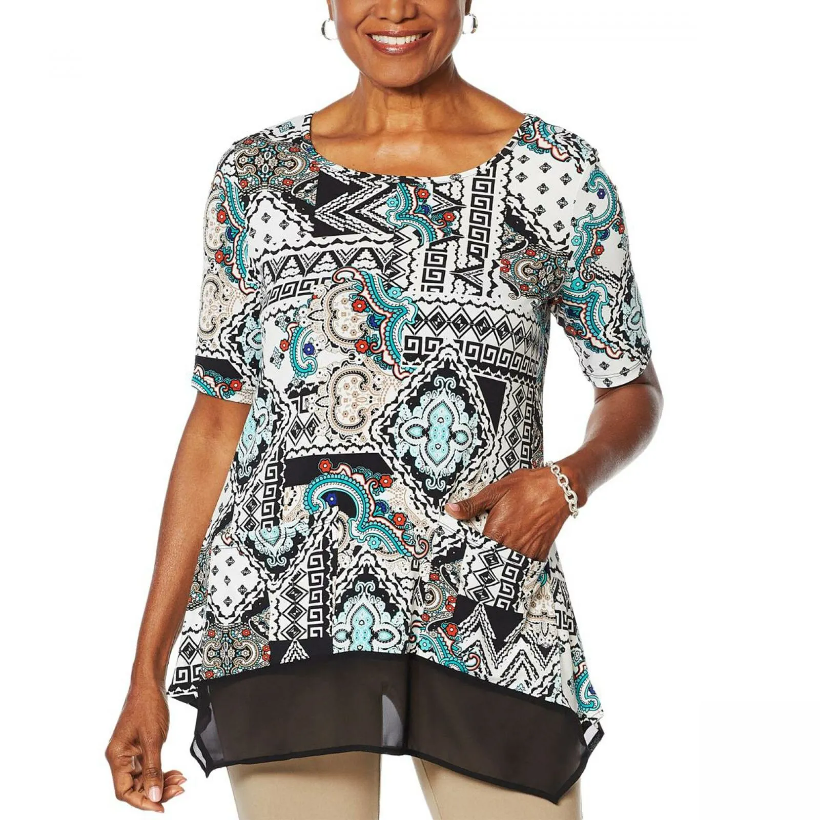 Nina Leonard Women's Mixed-Media Tunic Top With Pockets Multi Medallion XL
