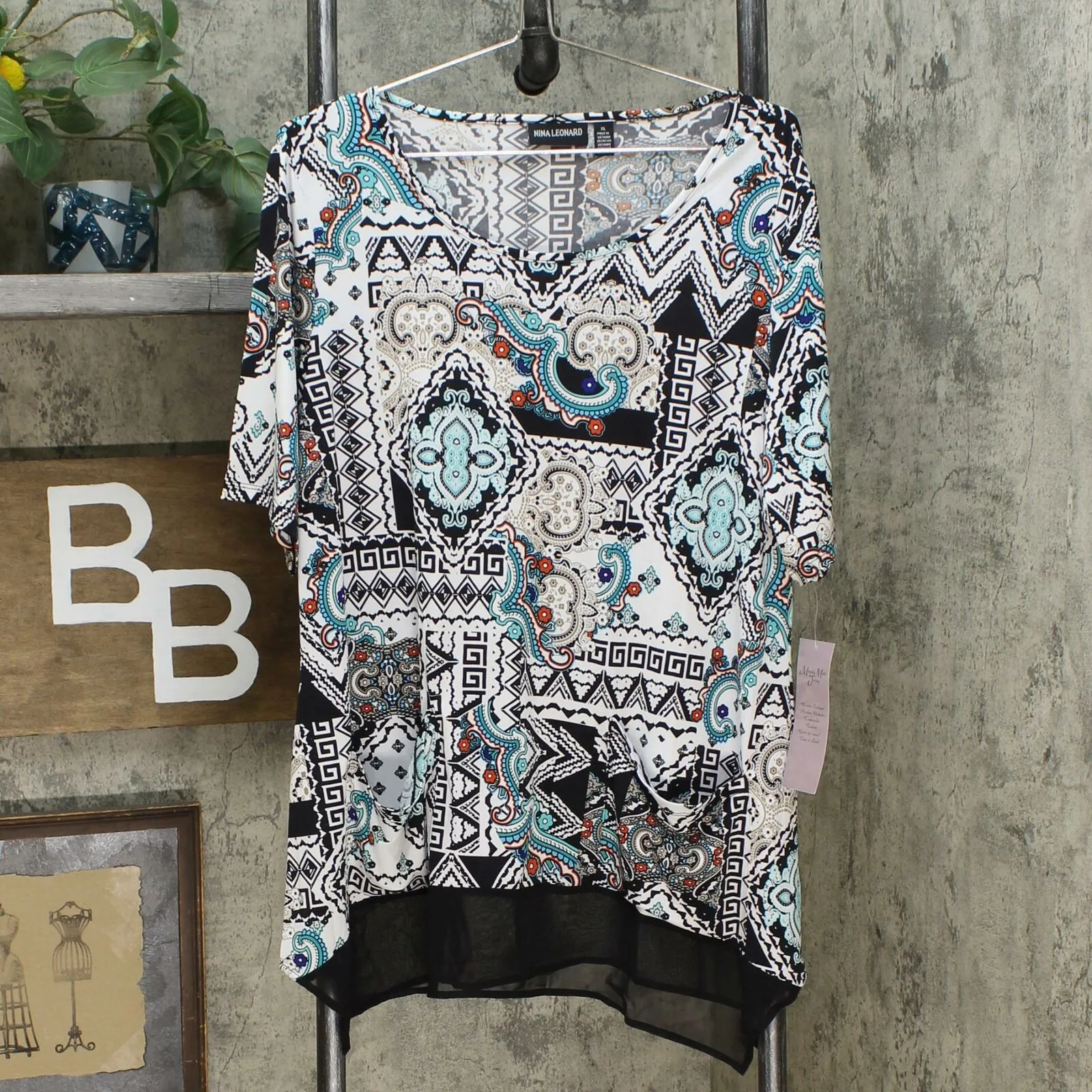 Nina Leonard Women's Mixed-Media Tunic Top With Pockets Multi Medallion XL