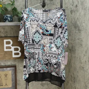 Nina Leonard Women's Mixed-Media Tunic Top With Pockets Multi Medallion XL